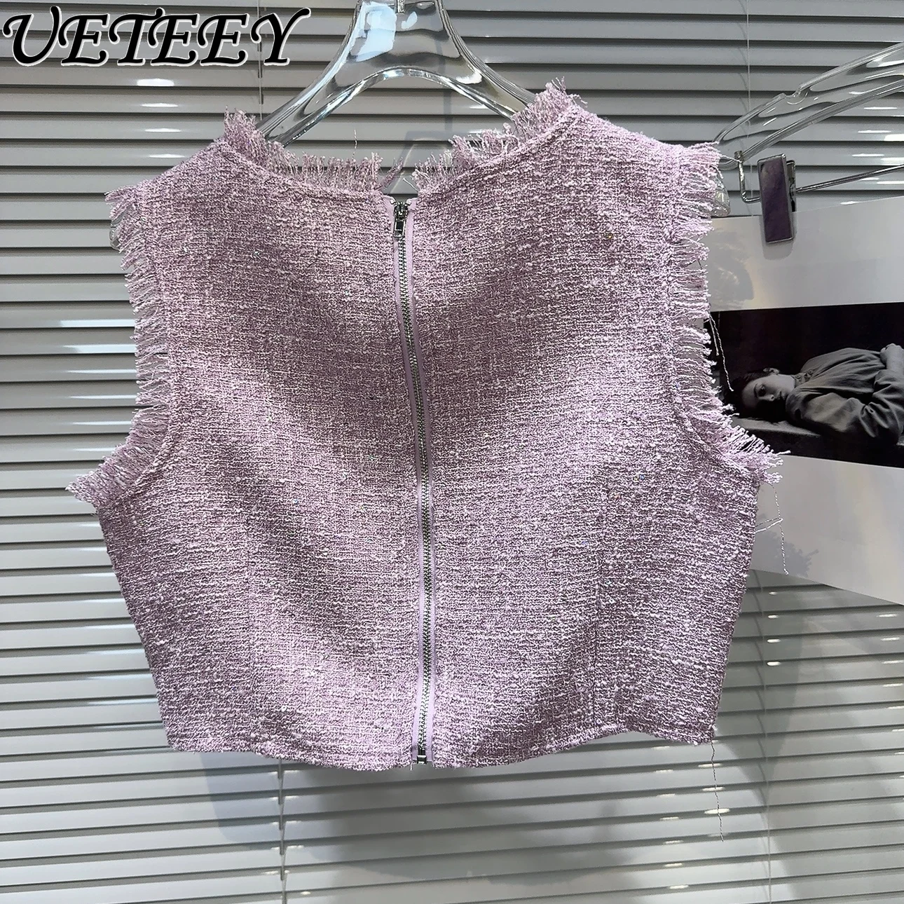 Summer New Fashion Sleeveless Short Coat Burrs Tassels Tweed Waistcoat Vest and A-line Mini Skirt Outfit Women's Two Piece Set