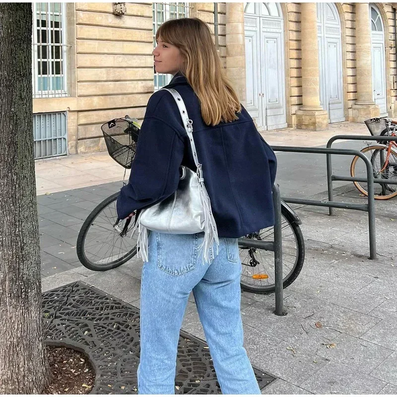 Loose Woolen Blends Coat Women Solid Lapel Double Breasted Pockets Jackets Autumn Winter Fashion Lady Office Outwear New