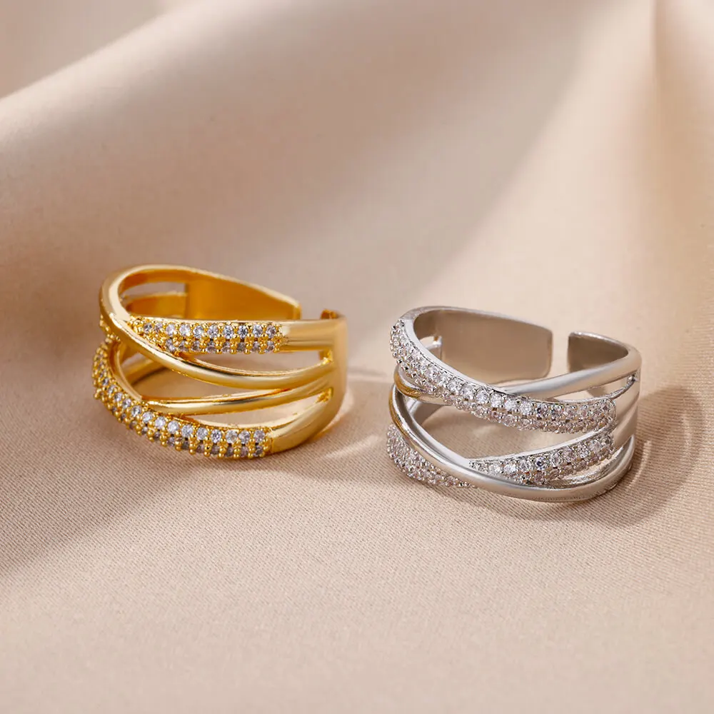 Zircon Double Cross Ring Adjustable Stainless Steel