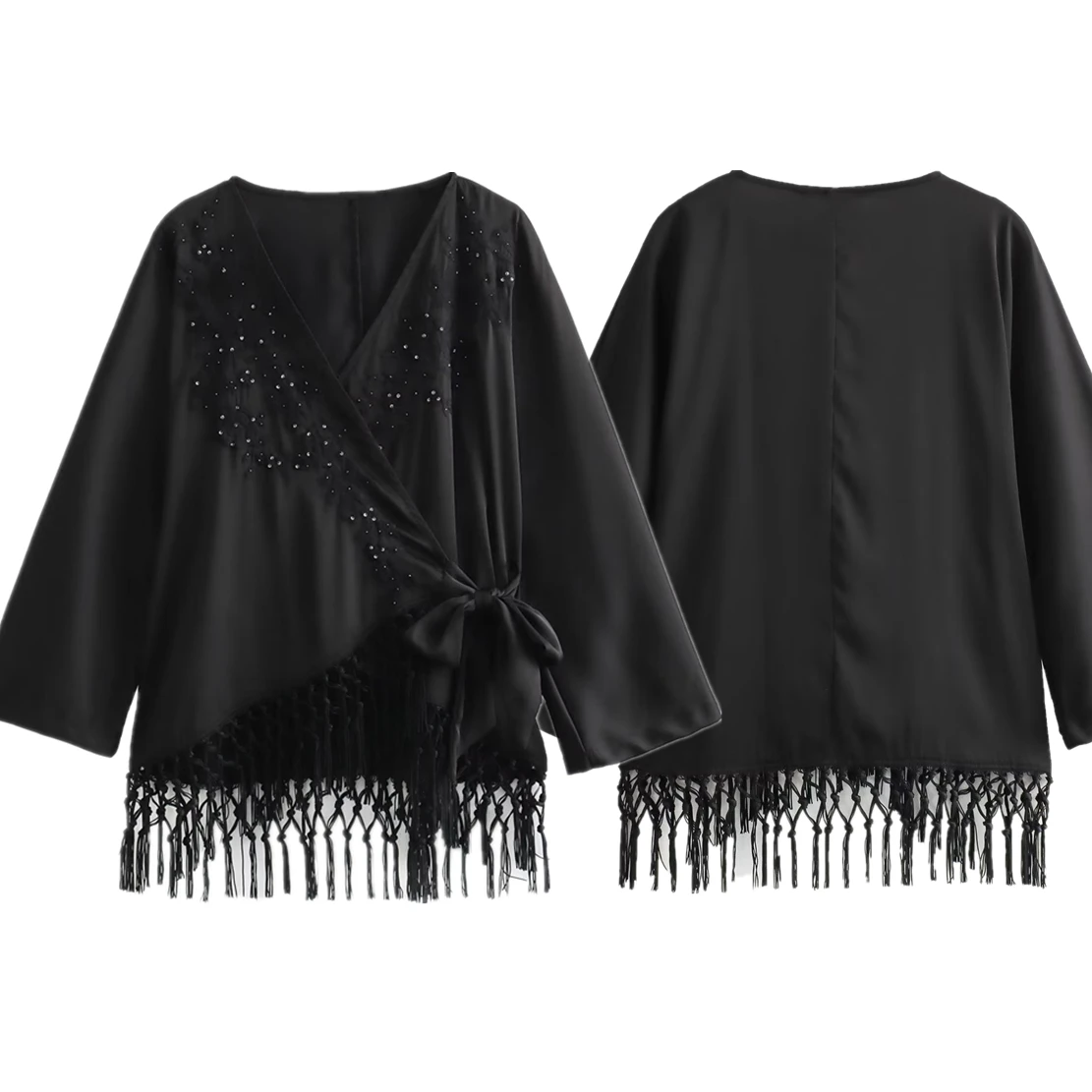 Jenny&Dave Embroidery Kimono Style Asymmetric Jacket Casual Top French Black Elegant Vintage Tassel Shirt