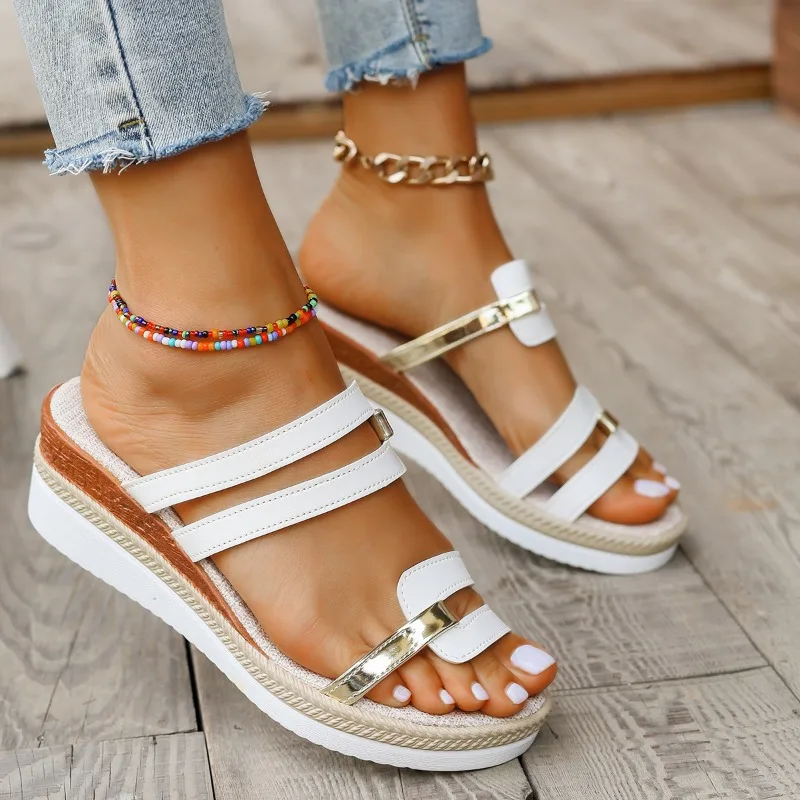 Womens Wedges Sandals Tan Ladies Summer Casual Shiny Leather Thick Bottom Outer Wear Beach Slope Heel Big Swim Sandals Women