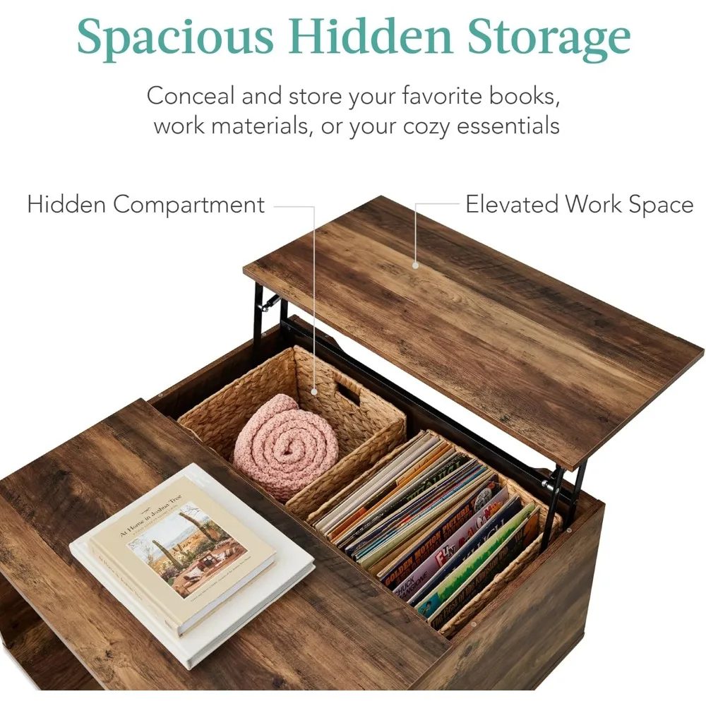 Square Lift Top Coffee Table, Wooden Rustic Modern Multifunctional Accent Table for Living Room w/Hidden Storage, Cubby 5