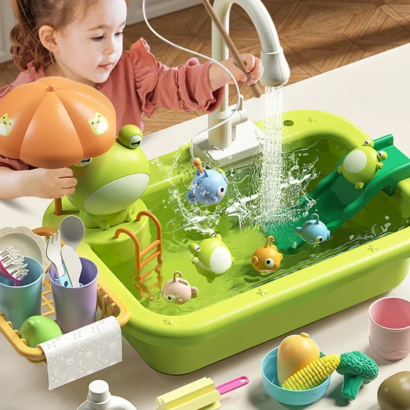 Kid Play Kitchen Sink Taps Toys Running Water Plastic for Toddler Electric Dishwasher Playing Toy Faucet Dishes Playset for Girl