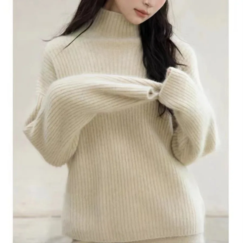 Women Autumn Knitted Sweater Solid Color Turtleneck Pullover