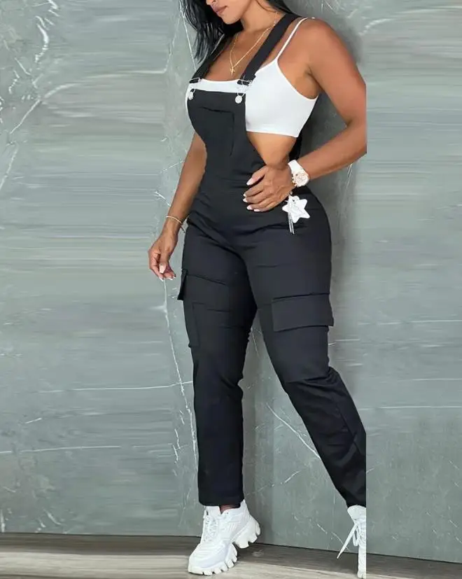 Female Jumpsuit 2023 Spring/summer New Fashion Casual Hot Selling Women's Pocket Design Sleeveless Sling Women's Jumpsuit 2023 special price romper fashion design all cotton loose casual activity adjustment sling romper wide leg pants maternity pants