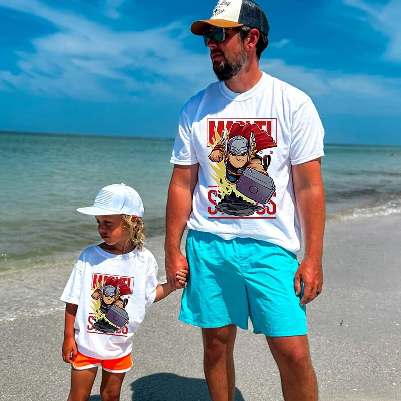 Marvel Hero Print T-shirt Dad and kids Cotton Short Sleeve Family Matching Outfits Casual White Top 4