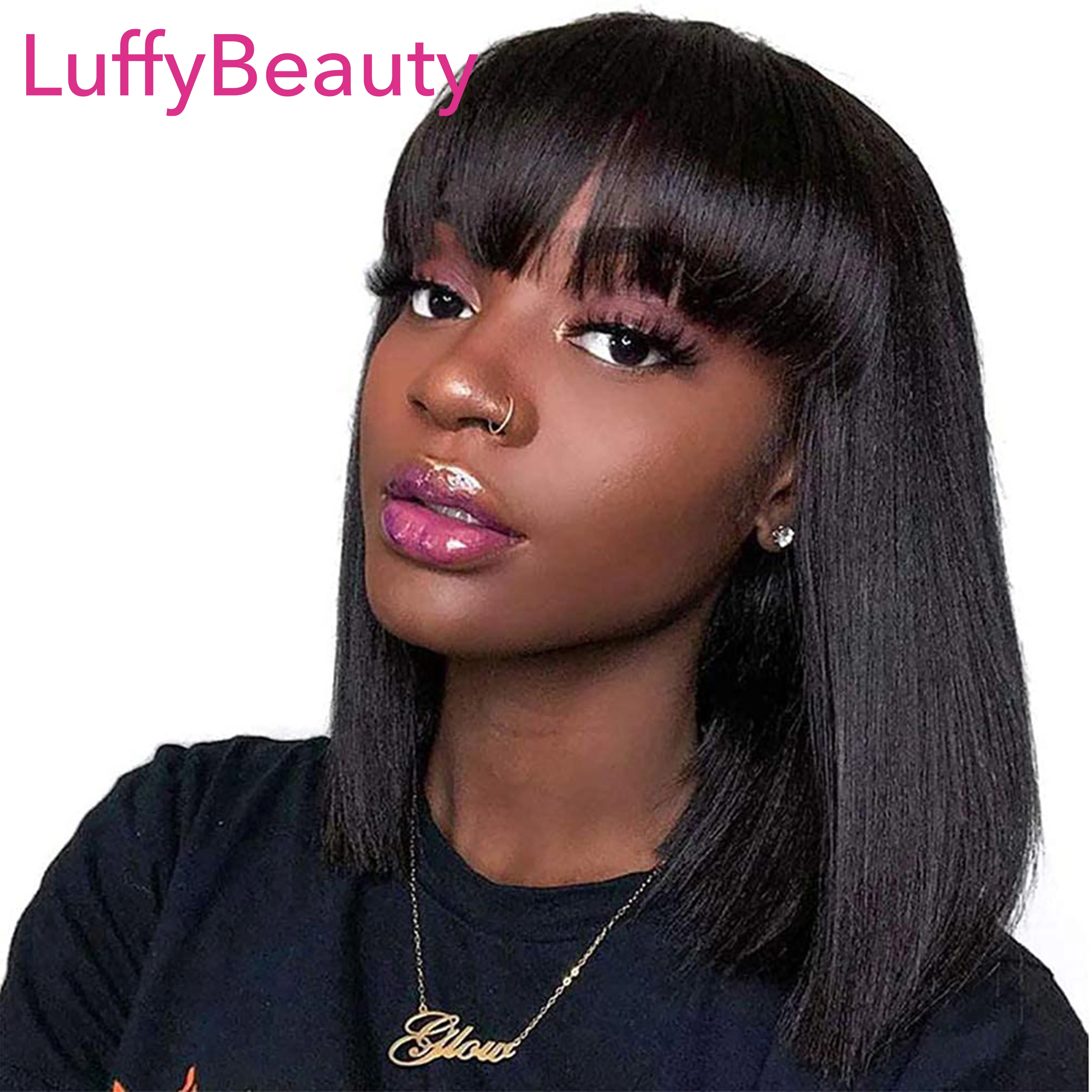 

Straight Bob Wig With Bangs 200 Density Scalp Top Full Machine Made Wig Short Straight Wig Brazilian Human Hair For Women