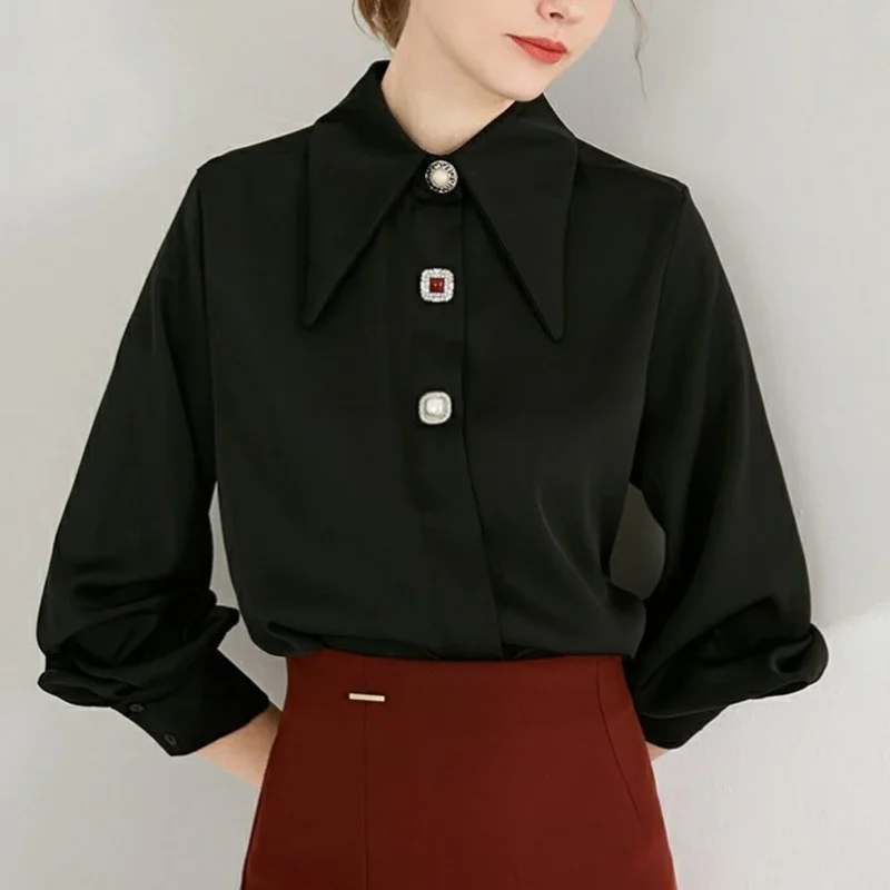

Office Lady Casual Blouse Women Long Sleeve Loose White Satin Shirt Women Tops Clothing Vintage Shirts Female Fashion New 18586
