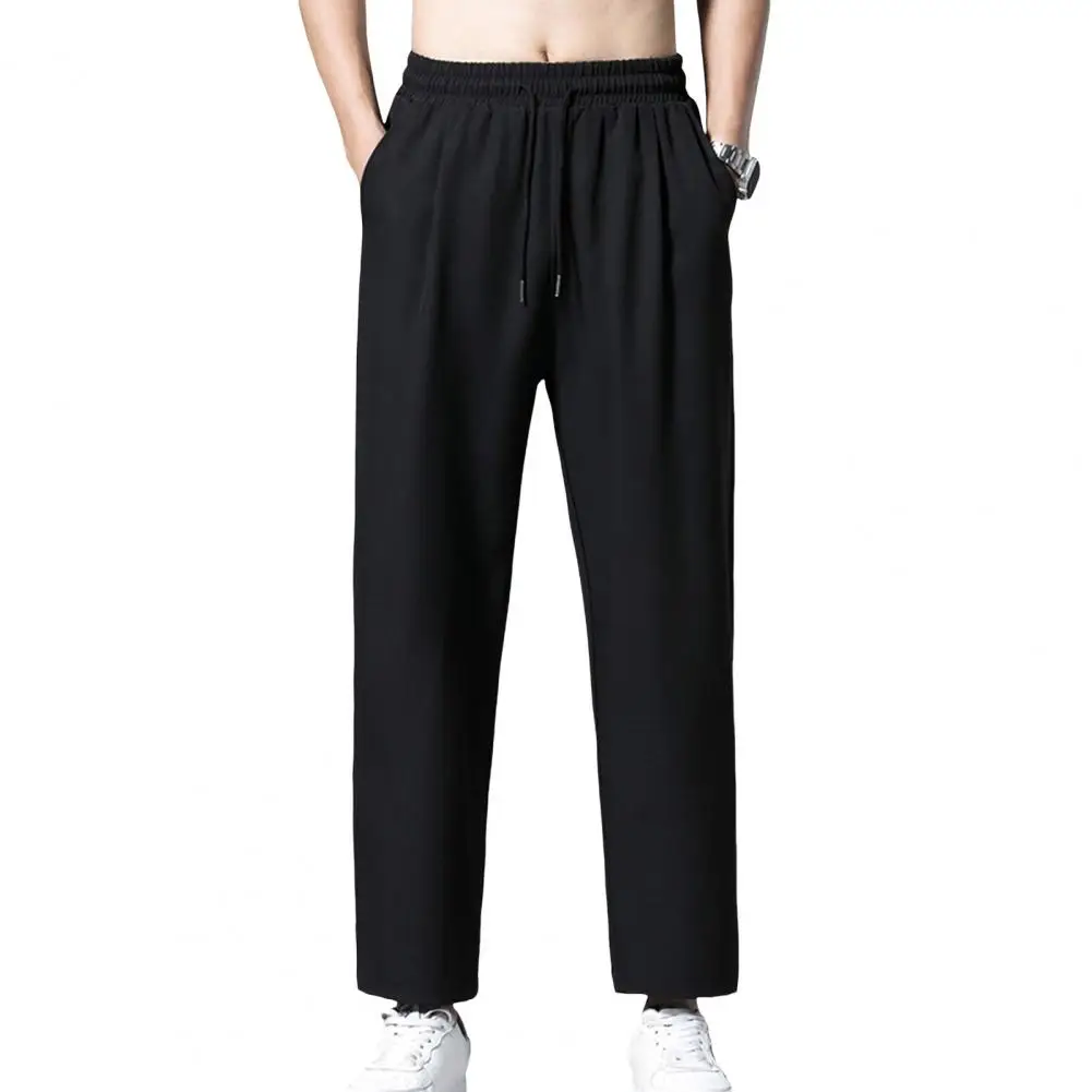 Men's Casual Ankle-Length Pants Solid Color Straight Wide-Leg Trousers Elastic Waist Ice Silk Breathable Quick-Dry Baggy Cargo S