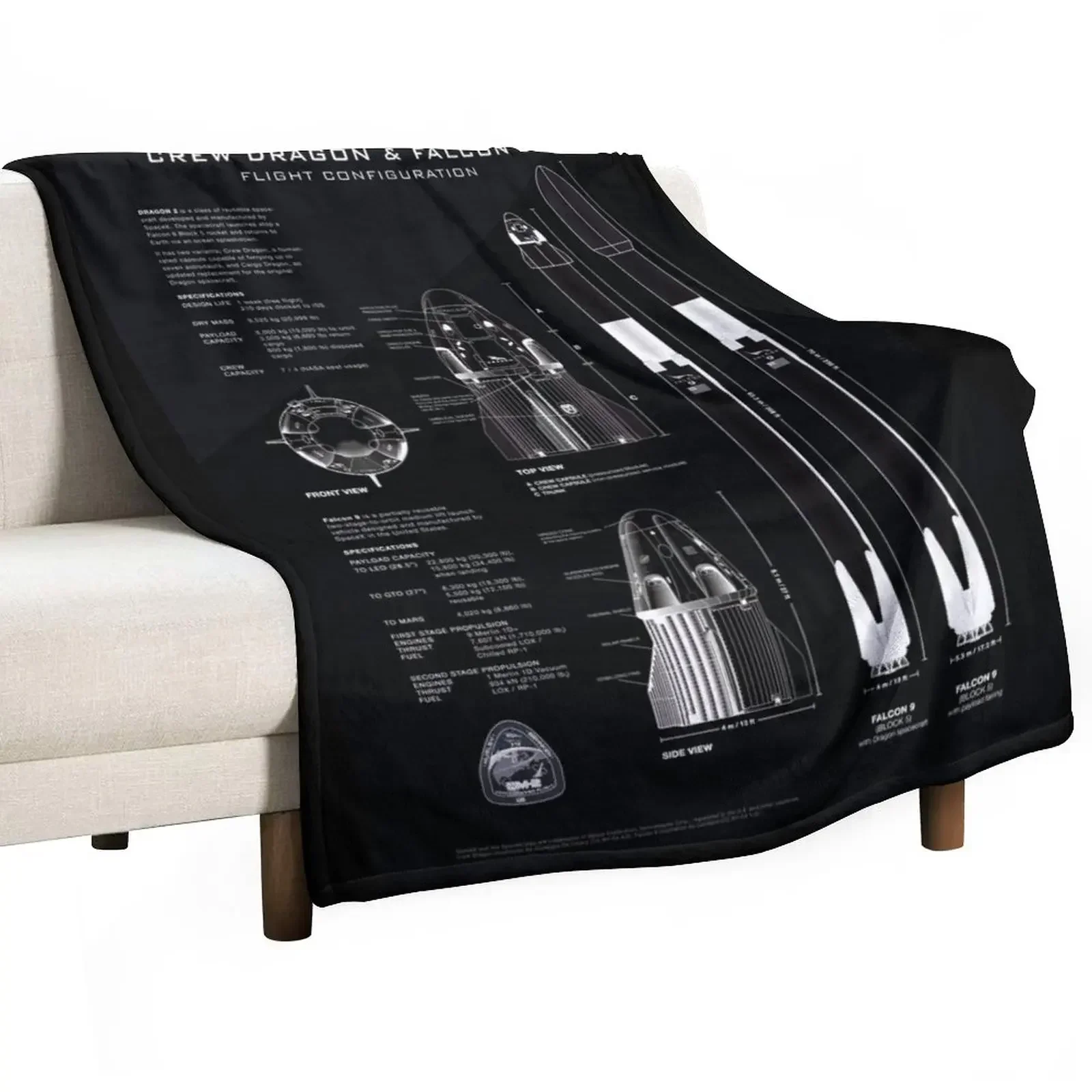 

SpaceX Crew Dragon Spacecraft & Falcon 9 Rocket Blueprint in High Resolution (all black) Throw Blanket Kid'S bed plaid Blankets