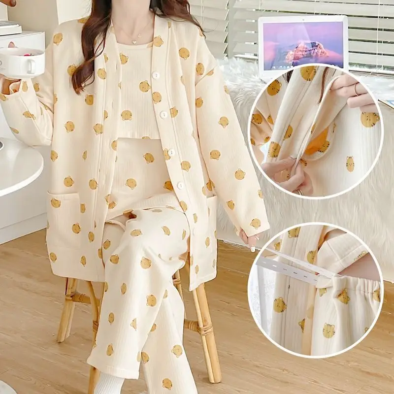 Cotton Women Maternity Nursing Sleepwear Spring Autumn Breastfeeding Pajamas Suit For Pregnant Women Pregnancy Nightwear 3Ps Set