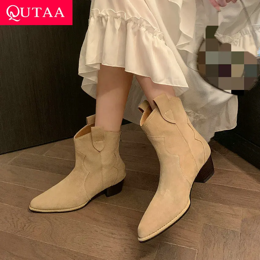 

QUTAA 2024 Women Ankle Boots Autumn Winter Slip On Med Heel Cow Suede Shoes Woman Casual Retro Motorcycle Boots Size 34-39