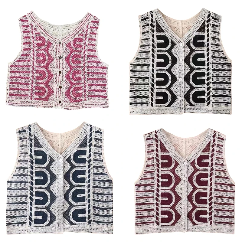 

Womens Ethnic Knit Crochet Geometric V-Neck Vest Waistcoat Cropped Cardigan Holiday Sleeveless for Tank Top Outerwear fo 10CF
