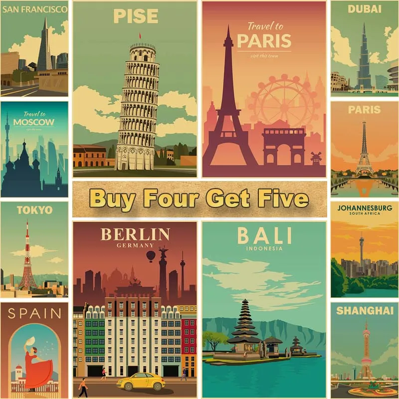 

Travel City Cartoon Posters Tokyo New York Landscape Poster Kraft Paper Print Wall Art Pictures for Home Decoration Paintings