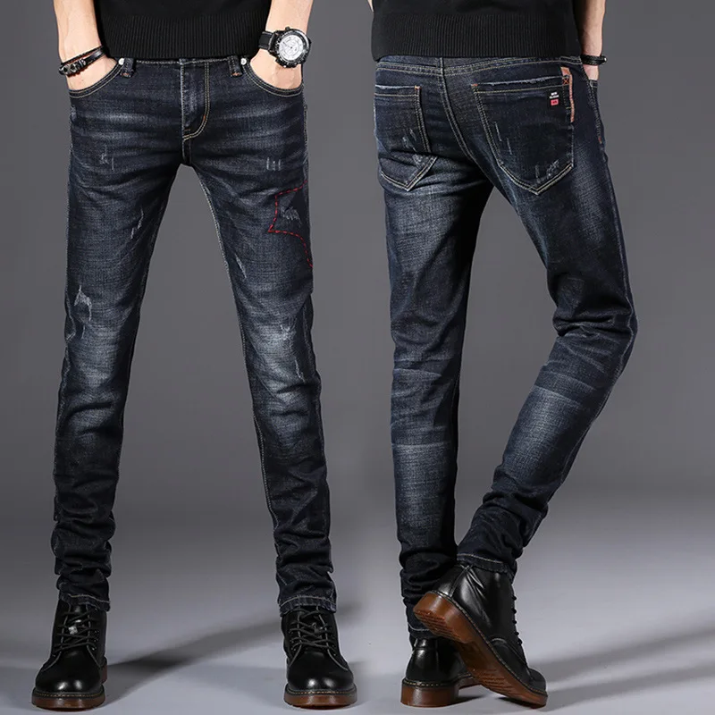 Hot Sale Fashion Street Style Ripped Skinny Stretch Jeans Men Vintage Wash Denim Trouser Mens Casual Slim Fit Pencil Denim Pants