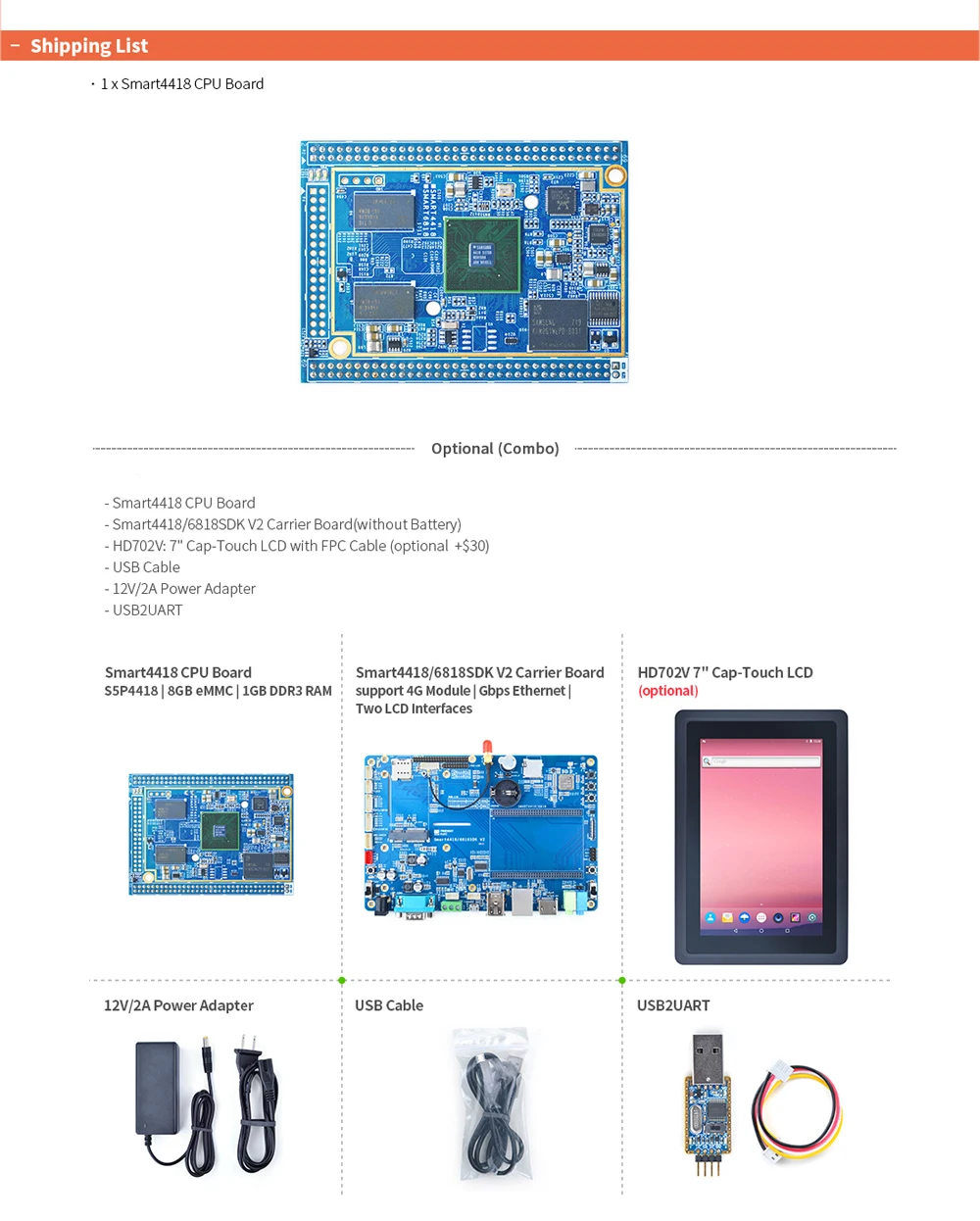 Smart4418 CPU Board Dev Kit 2.0 S5P4418 Quad Core Cortex-A9 1GB DDR3 RAM Support