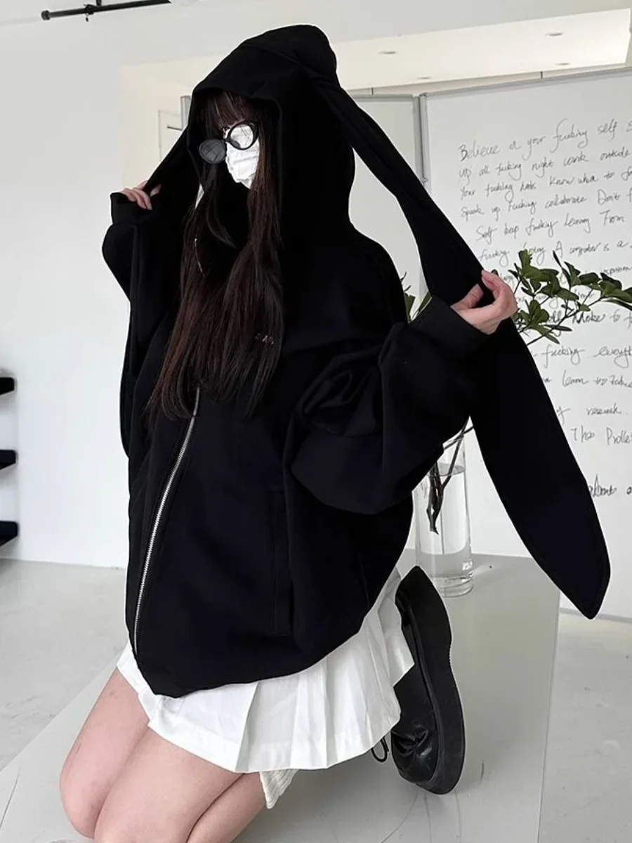 White Hoodies Women Cute Rabbit Hooed Sweatshirt Female Oversized Fashion Casual Zip Coat Lady Autumn Preppy Style Loose Hoodie