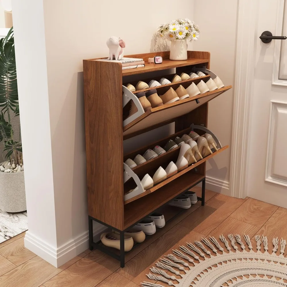 Shoe Cabinet, Cabinet Freestanding Tipping Bucket Rack Organizer with 2 Flip Drawers, Modern Entryway Narrow Shoe