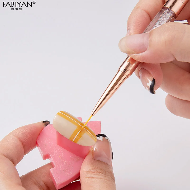Rose Gold Nail Art Liner Brush with Rhinestone Handle - Double Head for Precision Drawing and Painting