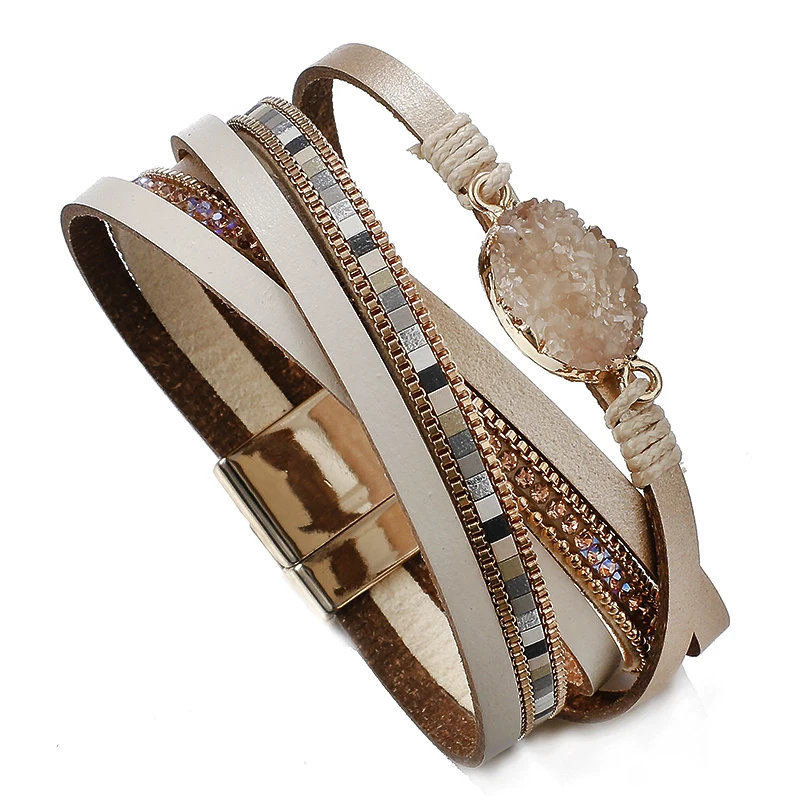 Leather Bracelet Charm Bracelet Crystal Rhinestone Bracelet ALLYES Stone Charm Leather Bracelets For Women Men Fashion Crystal Ladies Boho Multilayer Wide Wrap Bracelet Female Jewelry