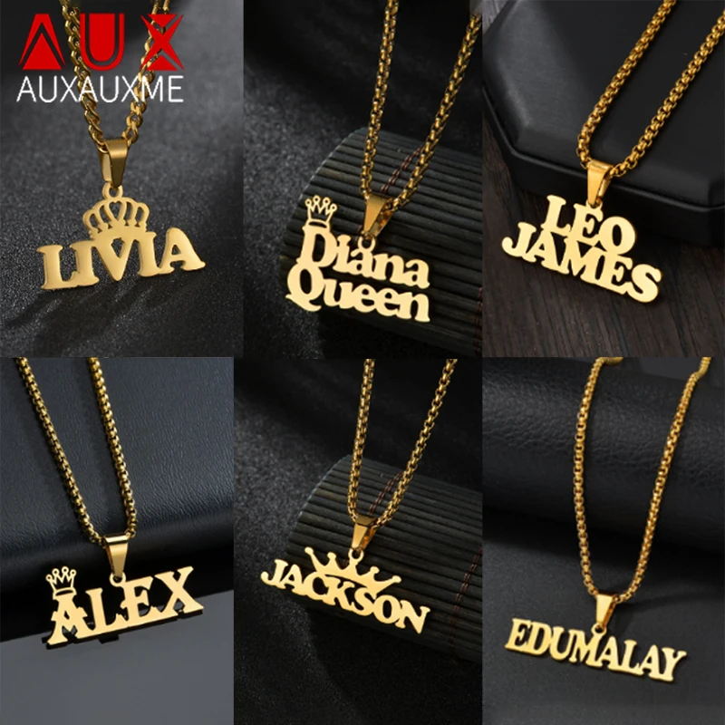 

Auxauxme Custom Crown Name Necklace Personalized for Men Women Stainless Steel Punk Hip Pop Nameplate Choker Jewelry Gifts