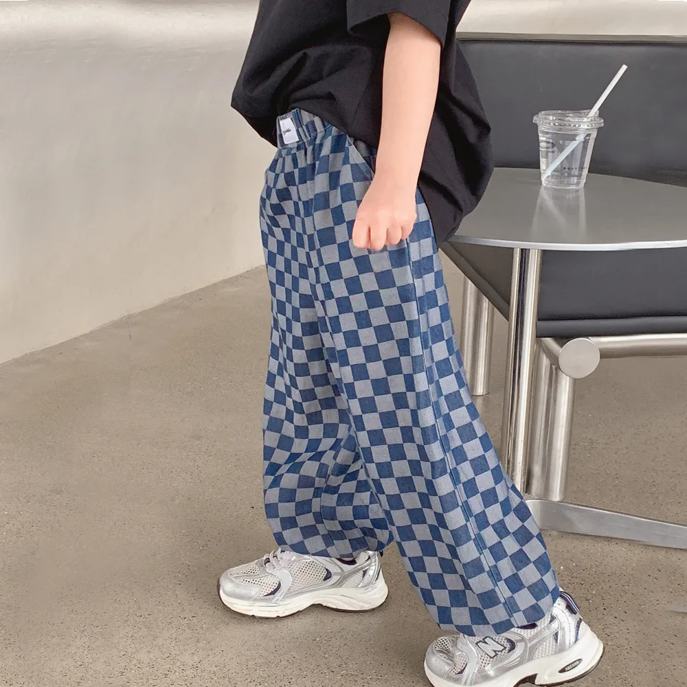 

Girls Pants 2024 Summer New Childrens Thin Jeans Plaid Spring and Autumn Straight Anti-mosquito Pants Casual Simple All-matching