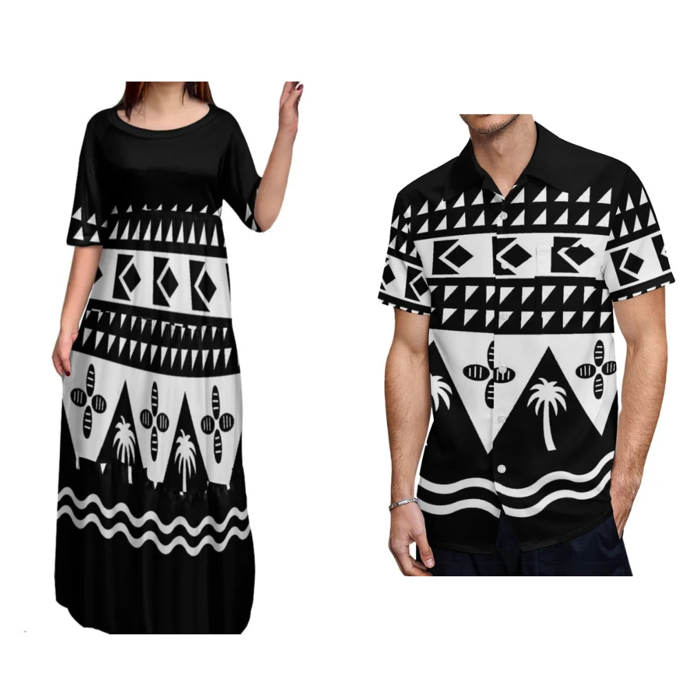 

High Quality Couple Set Women'S Crew Neck Dress Luau Party Dinner Dress With Men'S Shirt Polynesian Tribal Design Print