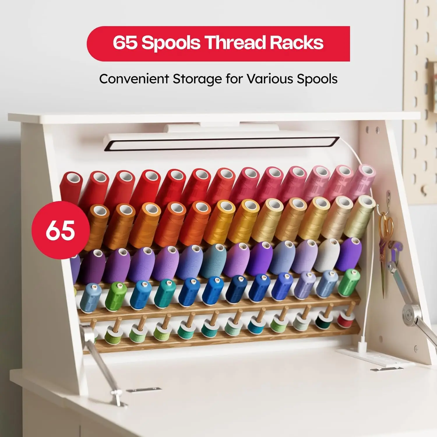 Sewing Table, Sewing Machine Desk With Under Cabinet Lights, Charging Station, 65 Spools Thread Rack Multipurpose Craft Storage 5