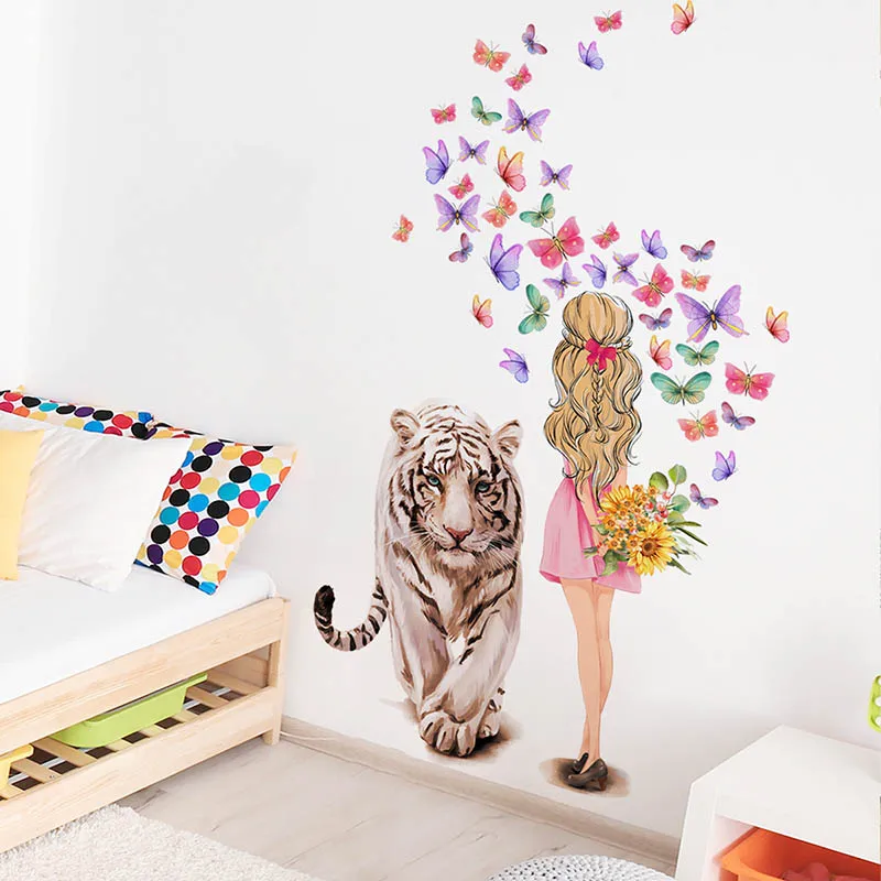 Cartoon Creative Wall Stickers Removable Vinyl PVC Tiger Girl Butterfly Home Decor Living Room Bedroom