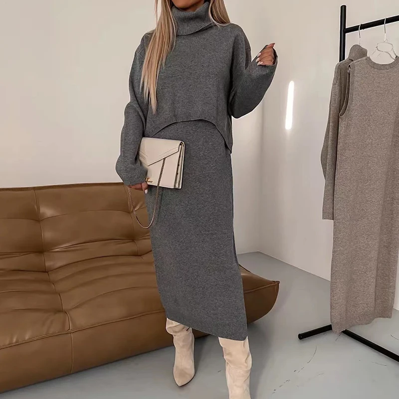 

Casual Loose Commuter Outfit Women's Turtleneck Long Sleeve Sweater and Half Skirt Suit Autumn Elegant Solid Knitted 2 Piece Set