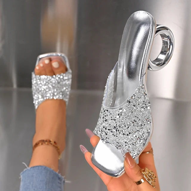 Women Sandals 2025 Summer Strange High Heels Sandals Luxury Crystal Square Toe Slippers Women Sexy Slip on Party Shoes Women 2