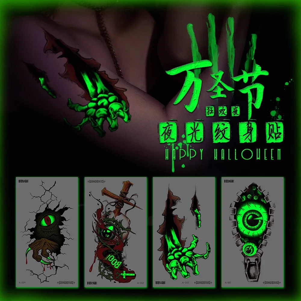 

Halloween Luminous Tattoo Stickers Skull Temporary Horror Personality Fluorescent Glow Tatto Party Holiday Body Art
