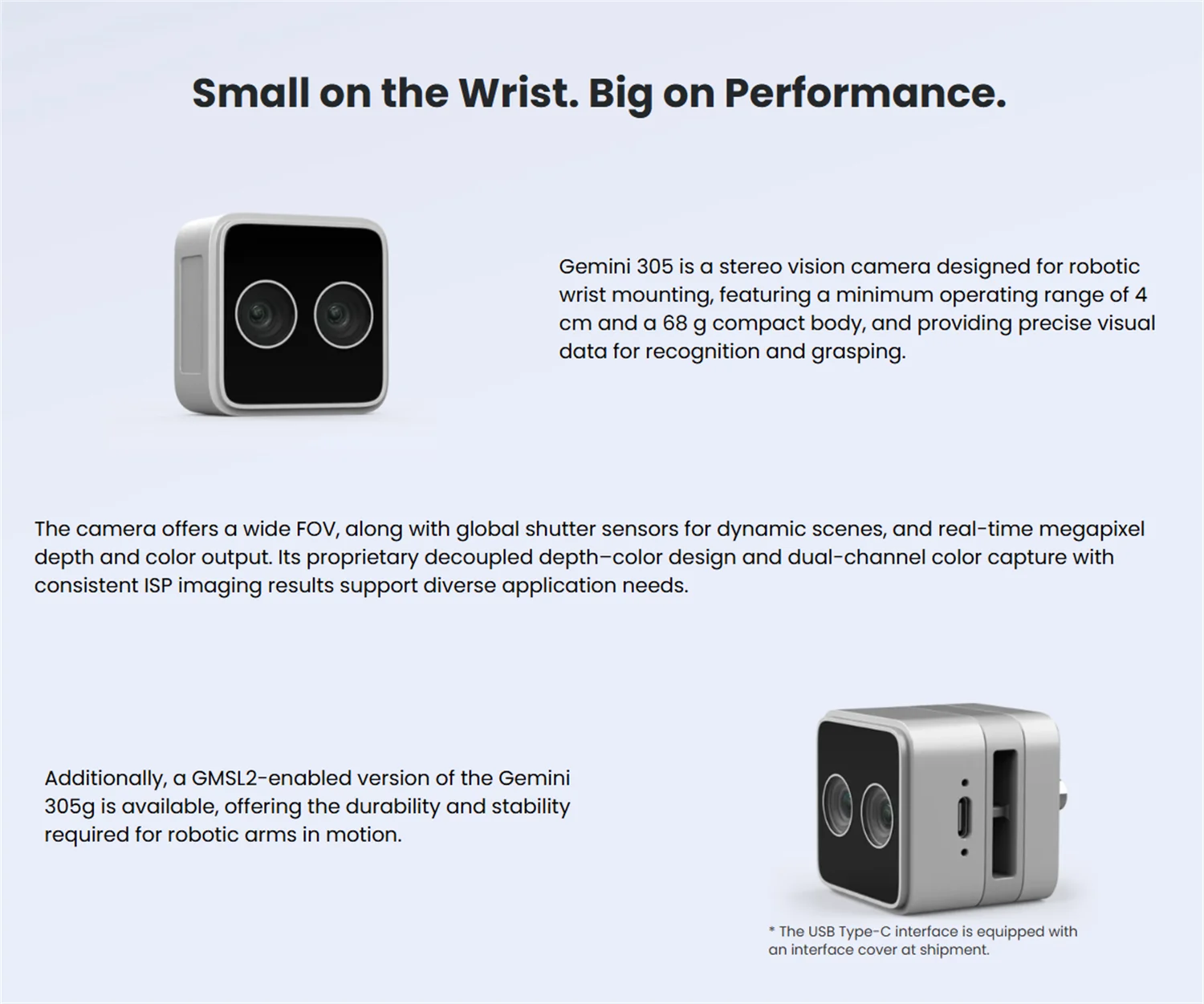 ORBBEC Gemini 305,Lightweight Close-Range Stereo Vision Camera for Robotic Wrist
