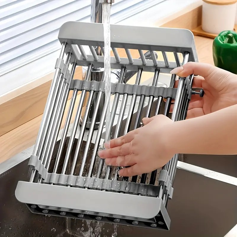 Adjustable Over Sink Dish Drying Rack with Stainless Steel Drain Basket Portable Expandable Space Saver for Fruits Vegetables