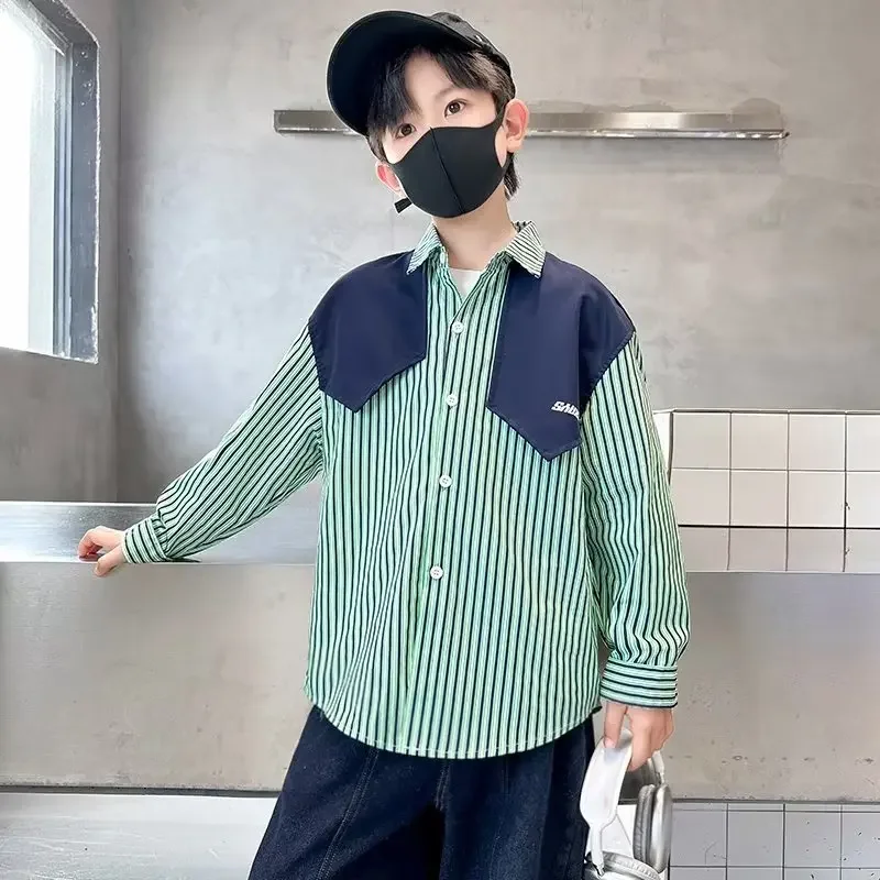 스트라이프 순면 아동용 셔츠, 중형 대형 셔츠, 아동용 탑 재킷, 용수철 가을, 2023 신상