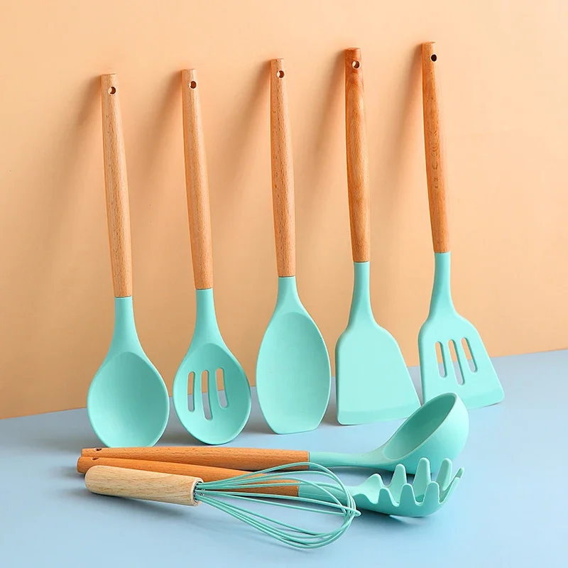 12Pcs Silicone Cooking Sets Spatula Shovel Soup Spoon Tongs Turner Cookware Wooden Handle Heat-Resistant Baking Utensils Set