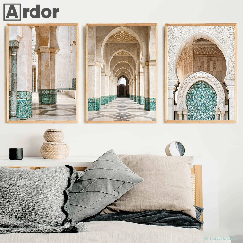 

Modern Islamic Architecture Posters Morocco Door Print Canvas Painting Arabic Muslim Wall Art Picture Living Room Bedroom Decor