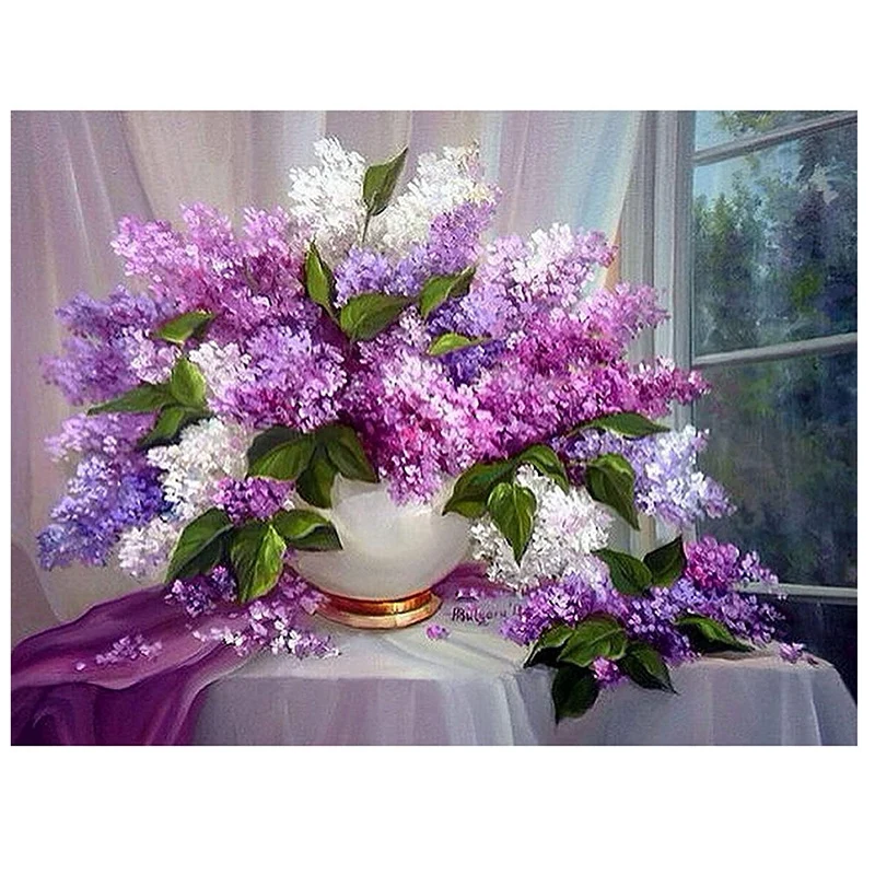 

HOT SALE DIY Diamond Painting Flower Kits For Adults Purple Lilac Flowers Round Drill Gem Art Home Decor
