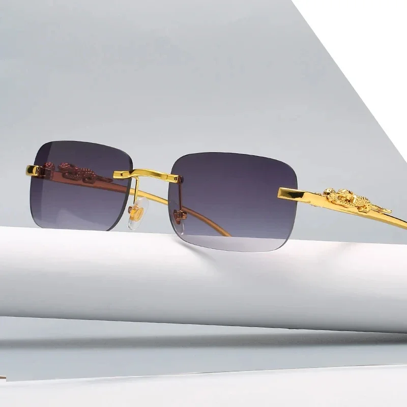 Rimless Rectangle Vintage Sunglasses Metal Leopard Head Sun Glasses Fashion Frameless Tinted Glasses Shades for Women Men color matching sunglasses