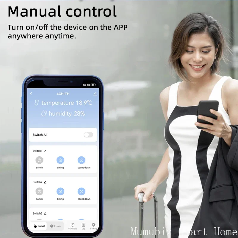 Mumubiz 7-32V WiFi 4 채널 TH 스위치(DIN 레일, Tuya 스마트 라이프 앱, 온도 또는 습도 센서 포함, Alexa와 함께 작동)
