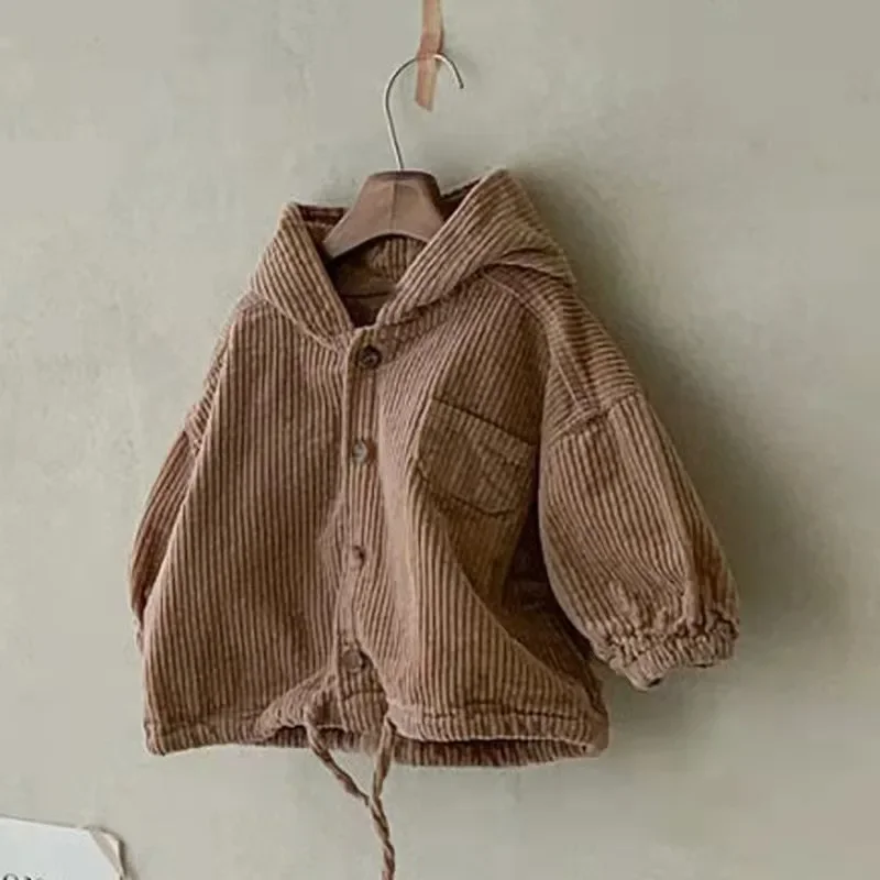 Korean Style Autumn Kids Cardigan Coat Solid Denim Hoodie Baby Boys Girls Corduroy Loose Casual Coat Children Clothing