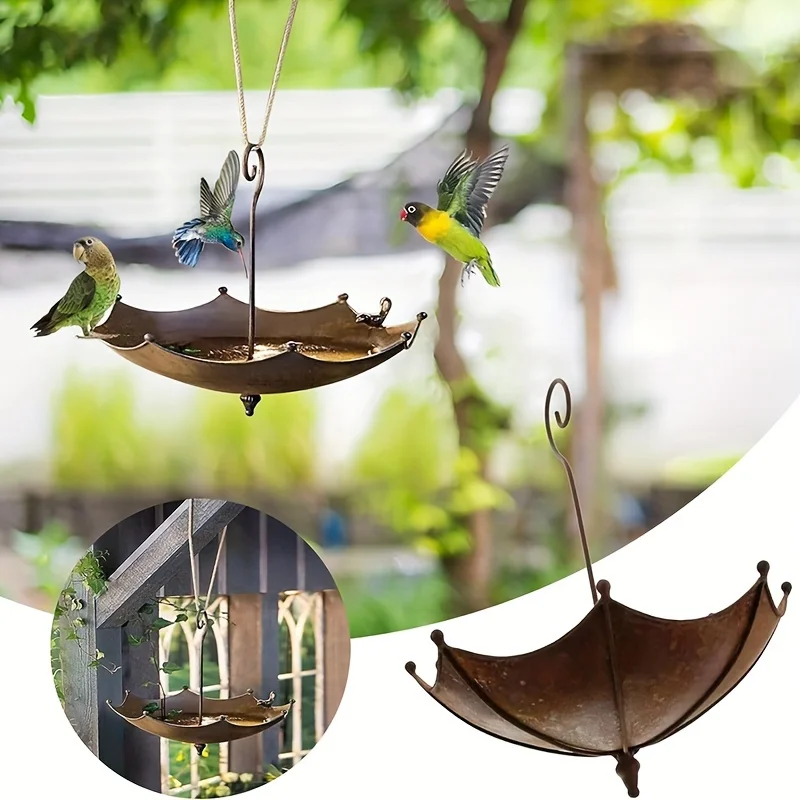 Antique Umbrella Shaped Metal Bird Food Tray Outdoor Hanging Bird Bathtub And Food Bowl Decorative Garden Yard Accessories