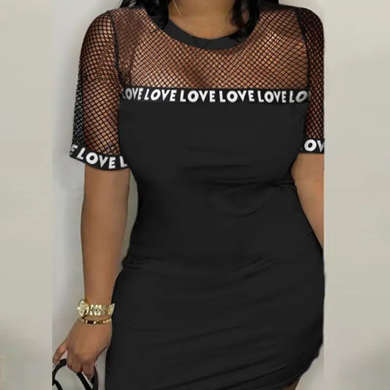 

Letter Pattern Fishnet Patch T-shirt Dress Women Short Sleeve High Waist O Neck Sexy Mini Dress Bodycon