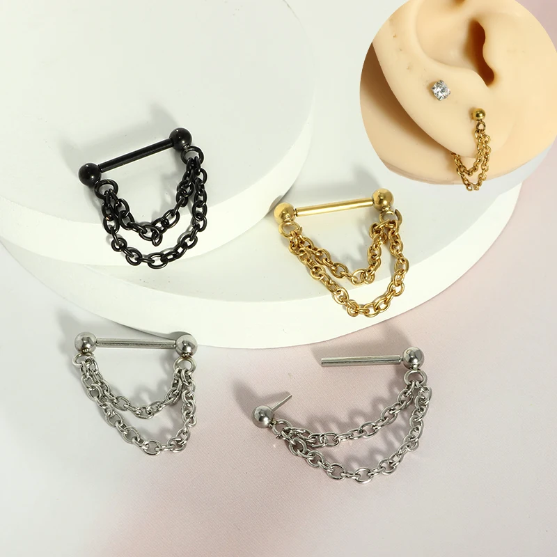 1pcs Black steel chain nose ring with stainless steel puncture 16G European and American punk style fashion jewelry