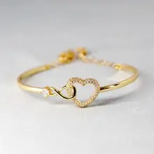  Rhinestone Love Heart Open Bangles New Love Heart Hollow Women's Jewelry Copper Hollow Love Heart Bangles 