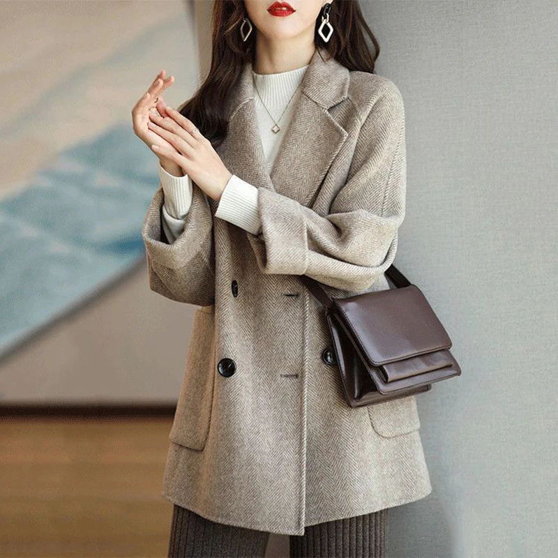 Korean Woolen Coat Women Elegant Autumn Winter Turn Down Collar Wool Blend Jacket All-Match Solid Colors Long Sleeve Outwear