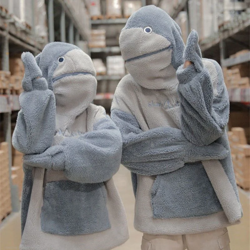 

Hooded Sweatshirt Couple Shark Lamb Fleece Coat Winter Korean Fashion Loose Plush Thickened Wide Cute Hooded Sweatshirts Clothes