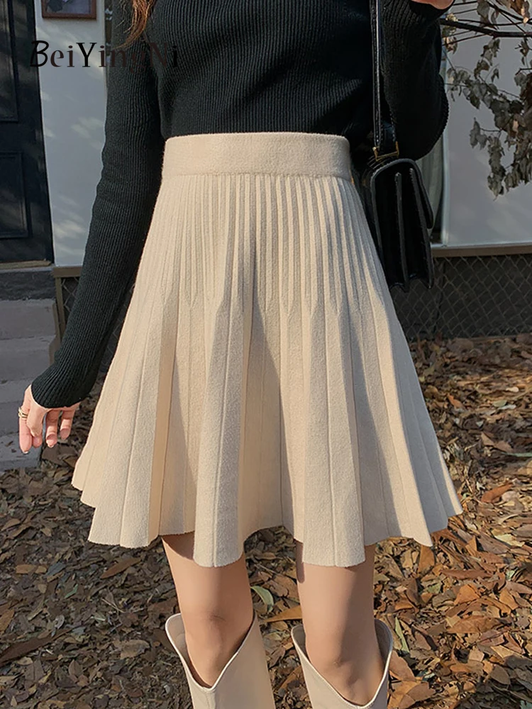 

Beiyingni 2023 Autumn Winter Knitted Mini Skirts Women Japanese Y2K Kawaii Short Pleated Skirt Girls Korean Fashion High Waist