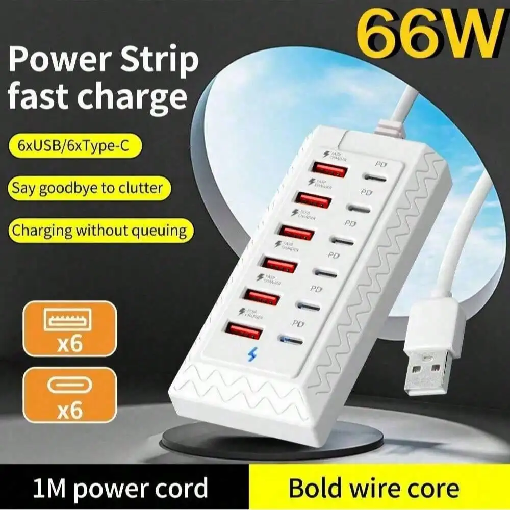 12-Port High-Speed Charging Station with 6 Type-C and 6 USB-A Ports, Up to 25W per Port