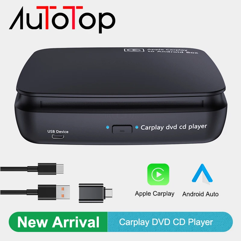 AUTOTOP 자동차 라디오 카플레이 AI 스마트 박스, 외부 휴대용 USB DVD 스테레오 음악 플레이어, 유선 카플레이, 안드로이드 13
